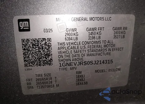 2025 Chevrolet Traverse Z71 from USA, damaged, VIN 1GNEVJRS0SJ214315